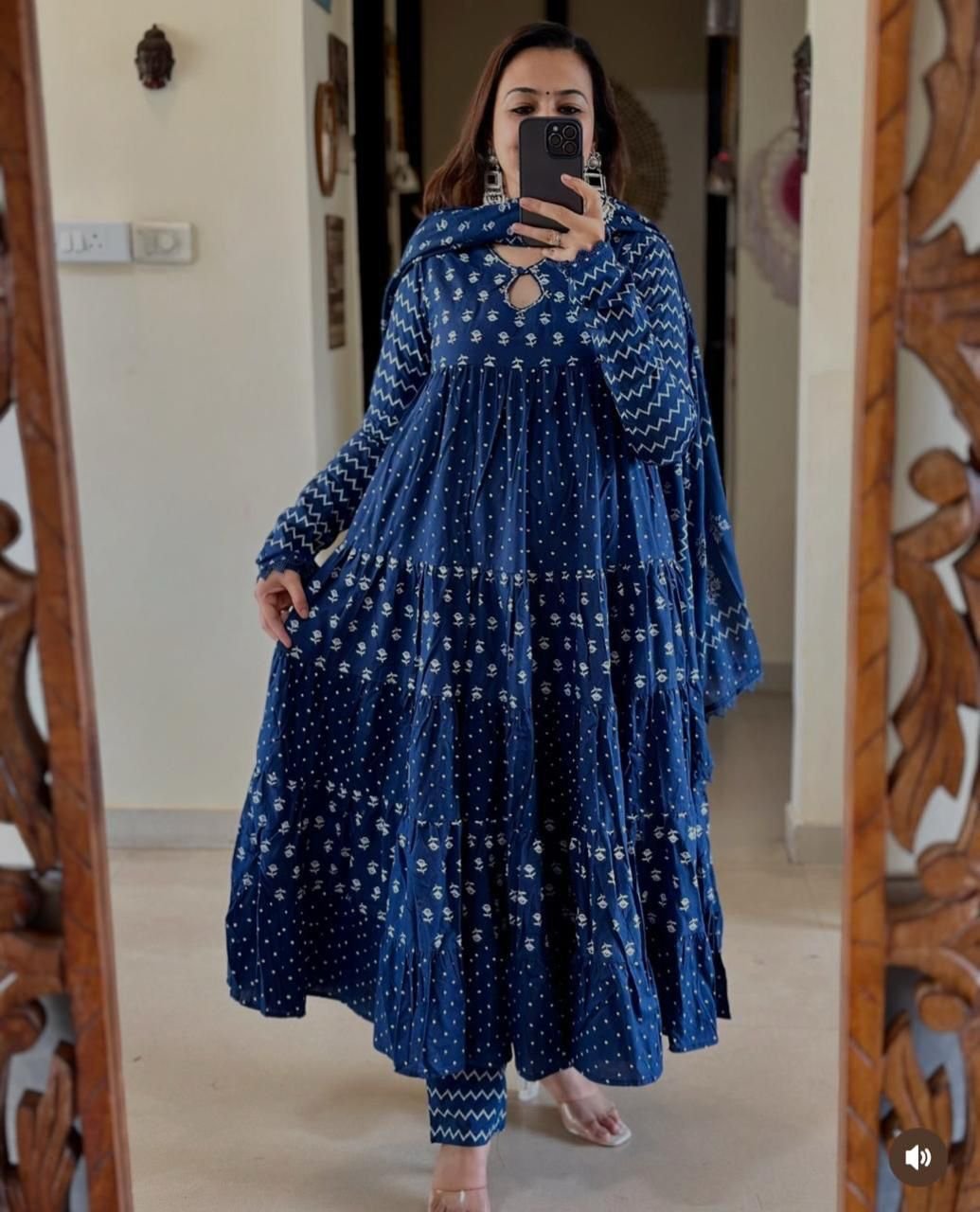 Indigo Blue Cotton Anarkali Suit with Dupatta